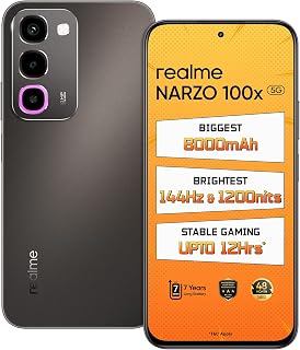 realme NARZO 100x 5G (Midnight Black,6GB+128GB) | Biggest 8000mAh Battery | 45W Fast Charge | 144Hz, 1200nits Bright Display | 7 Years Battery Health | Military-Grade Resistance...